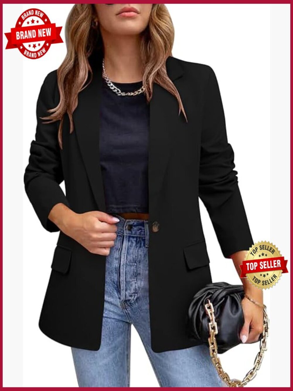 Long Sleeve Open Front Blazer with Pockets Work Office Casual